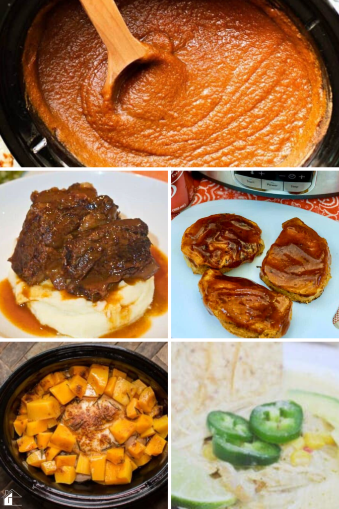 A variety of fall crockpot recipes including pumpkin butter, slow-cooked beef, glazed pork chops, butternut squash chicken, and creamy soup, perfect for cozy autumn meals.