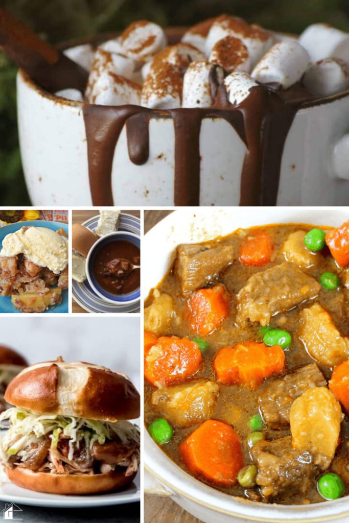 A collection of fall crockpot recipes featuring hot chocolate with marshmallows, apple cobbler, beef stew, pulled chicken sandwiches, and hearty soups, perfect for cozy autumn meals.