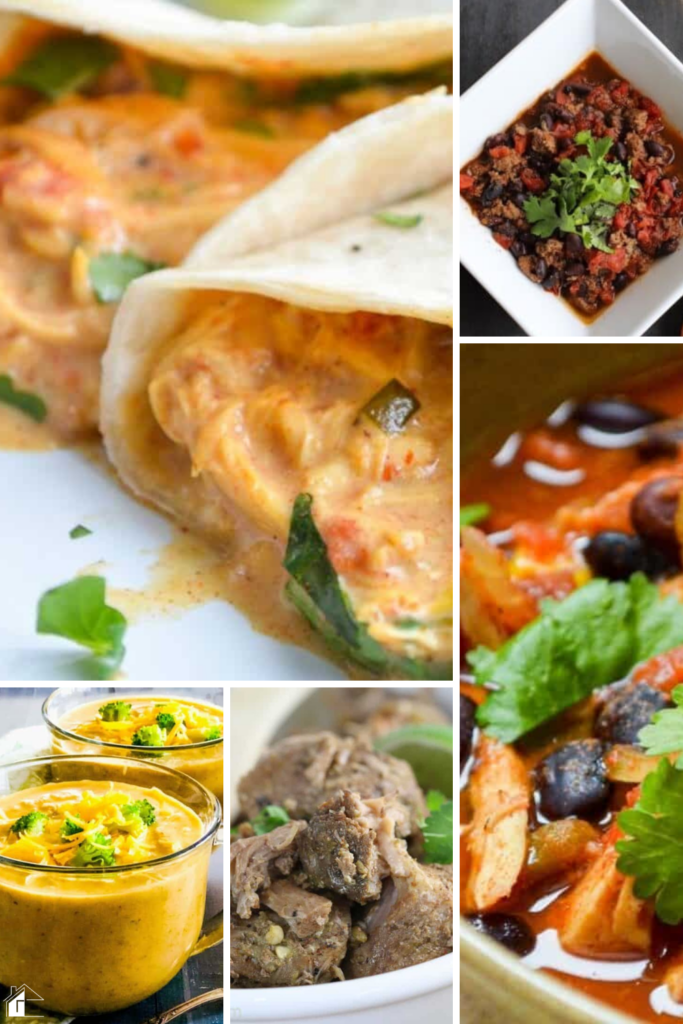 A variety of fall crockpot recipes featuring cheesy chicken tacos, chili, broccoli cheddar soup, pulled pork, and chicken soup with beans, perfect for easy and comforting autumn meals.