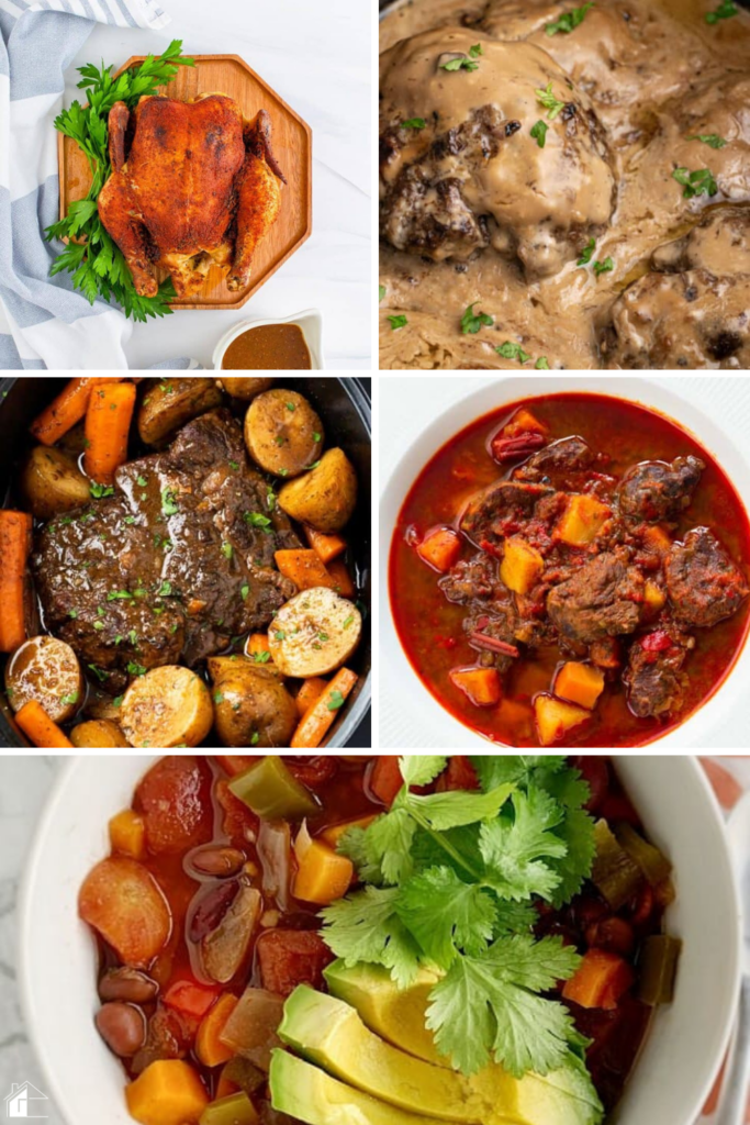 A selection of fall slow cooker recipes featuring roasted chicken, Salisbury steak, pot roast with vegetables, hearty beef stew, and a vegetable chili topped with avocado.