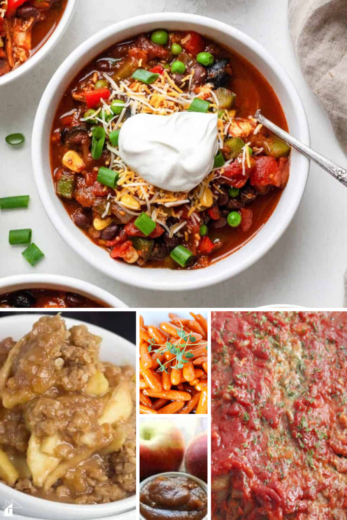 A selection of fall crockpot recipes including hearty chili, apple crisp, glazed carrots, homemade apple butter, and a saucy meatloaf, perfect for comforting autumn meals.