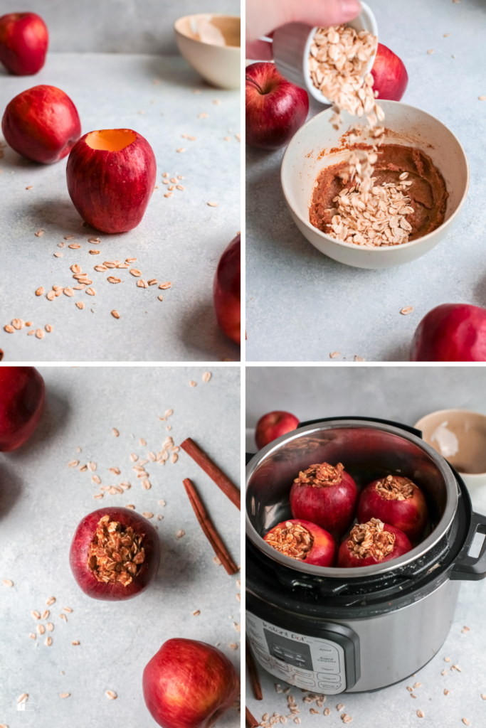 Step-by-step process of making Instant Pot stuffed apples, showing cored apples, the oat and cinnamon filling, and the apples being cooked in an Instant Pot for a quick and healthy fall dessert.