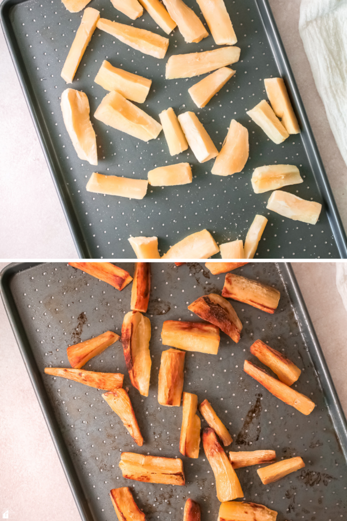 Yuca fries before and after baking on a tray, showing the transformation from raw to crispy, golden-brown fries made with just yuca, vegetable oil, and salt.