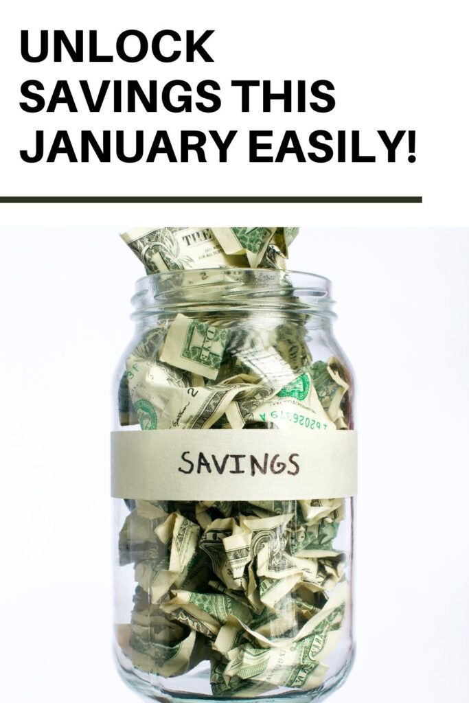 A glass jar filled with crumpled dollar bills labeled "savings," symbolizing practical ways to save money and achieve financial goals in January.