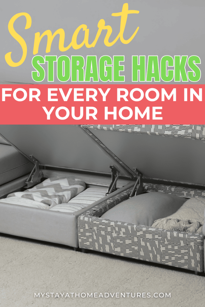 Storage near Wall in Living Room with text: "Smart Storage Hacks For Every Room In Your Home"