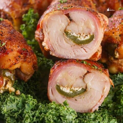 Smoked Stuffed Bacon Wrapped Chicken Thighs sliced