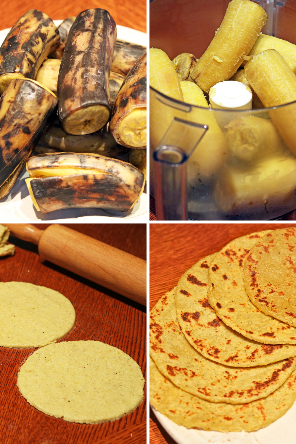 four images showing how to make plantain tortillas.