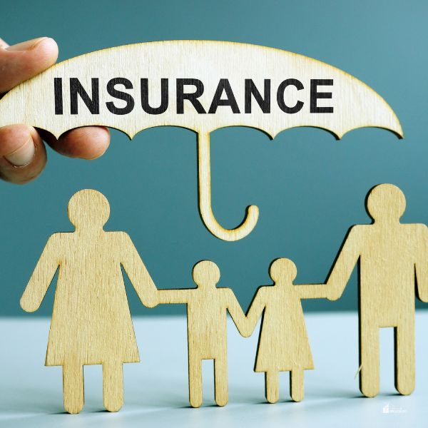 ife insurance concept. Figures of family and umbrella.