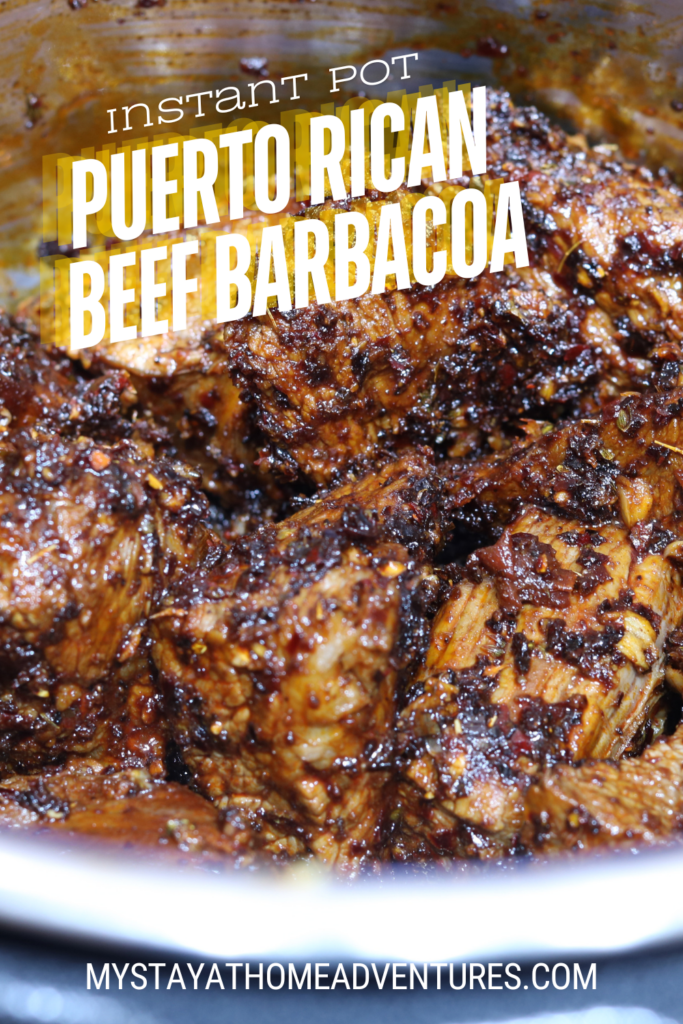 An image of Instant Pot Puerto Rican Beef Barbacoa. The site's link is also included in the image.