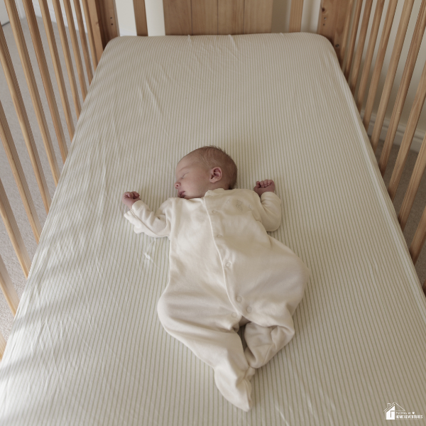 An image of a baby in a crib with a tight-fitting mattress.