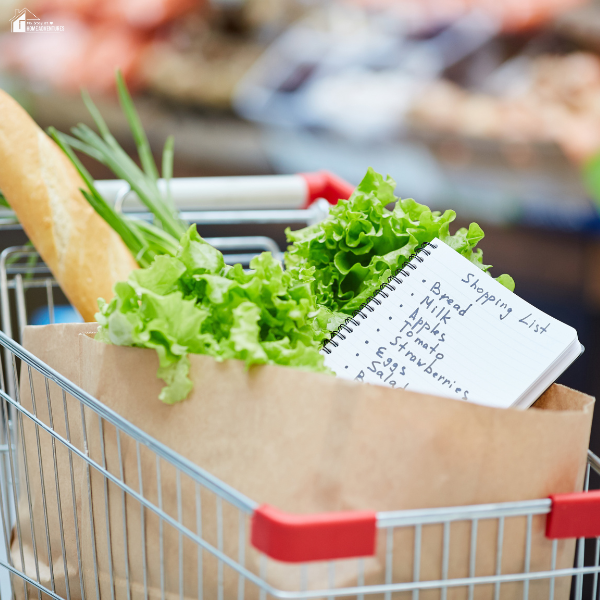 An image of a shopping list with groceries inside a shopping cart.