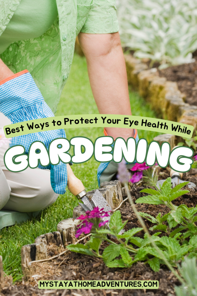 A gardener using a hand tool in a flower bed, emphasizing simple ways to protect your eye health while gardening from harmful elements.