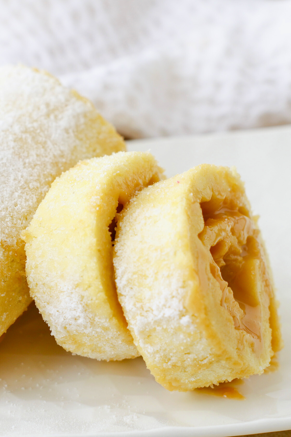 Close-up of a fluffy Brazo Gitano (Swiss Roll) filled with creamy dulce de leche, dusted with powdered sugar, showcasing the golden sponge and rich caramel filling.