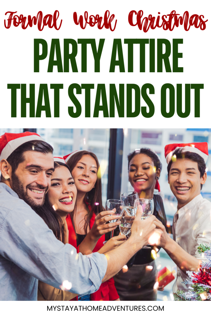 A group of coworkers in festive holiday attire clinking glasses at a formal work Christmas party, showcasing stylish and elegant outfit inspiration.