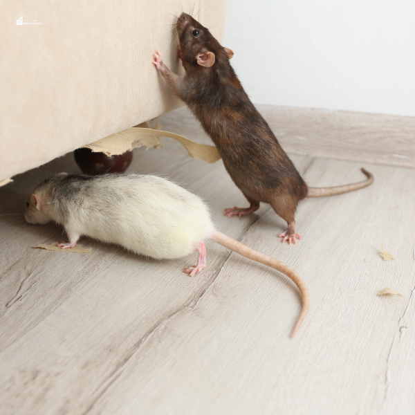 Two mice exploring and chewing on furniture, representing a common household issue caused by mouse infestations.