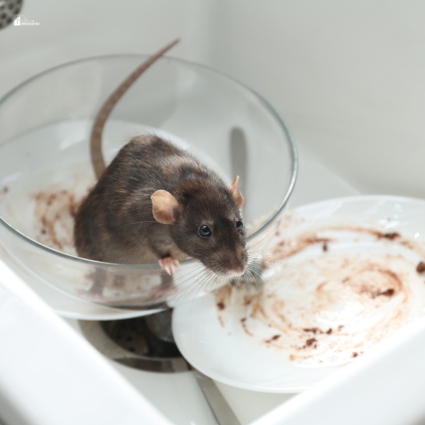 A mouse scavenging leftover food in a sink filled with dirty dishes, highlighting the importance of hygiene in mouse prevention.