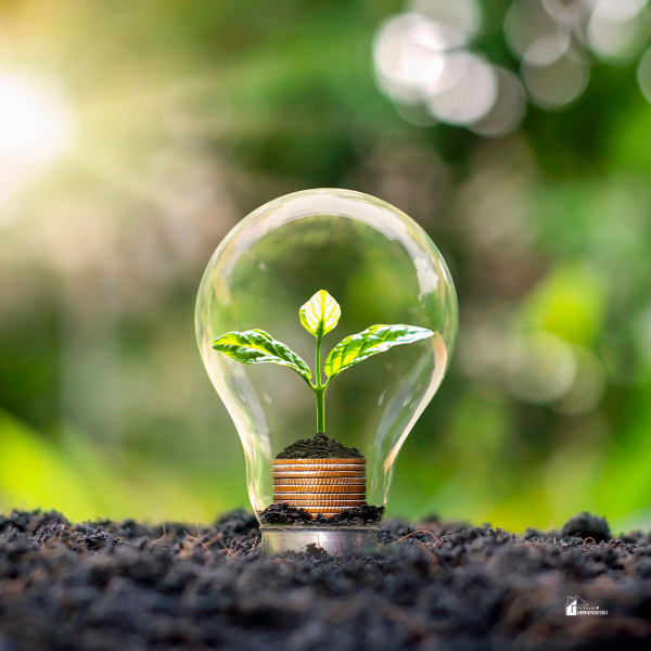  A lightbulb filled with soil and a growing plant symbolizes energy-saving and eco-friendly living to reduce bills and increase home efficiency.