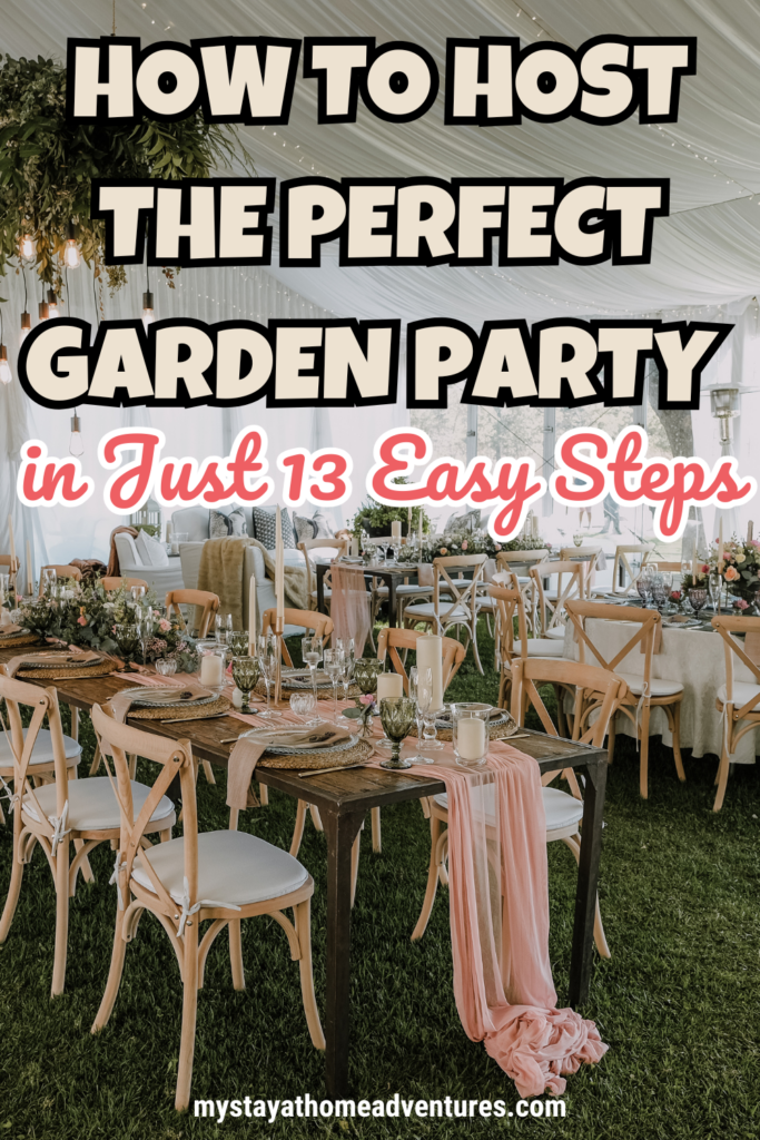 A sophisticated garden party setup with draped fabric, wooden tables, and refined table settings, providing ideas for hosting a chic outdoor gathering.