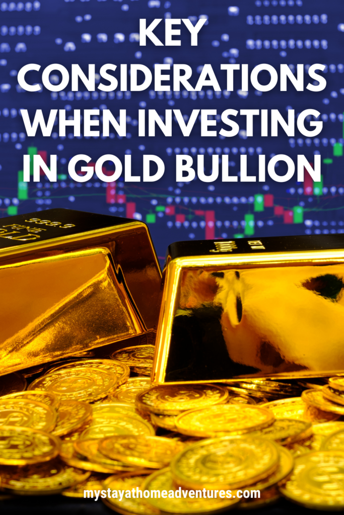 Gold bars and coins in front of a stock market data screen, illustrating the relationship between gold bullion and investment trends.