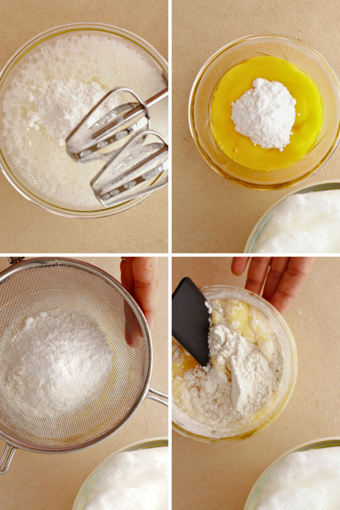 Step-by-step process of making Brazo Gitano (Swiss Roll) with dulce de leche, including whipping egg whites, mixing egg yolks with sugar, sifting dry ingredients, and folding batter.