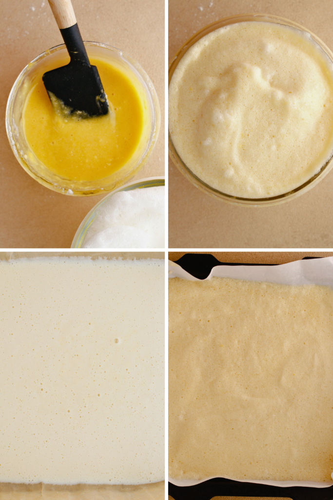 The process of preparing Brazo Gitano (Swiss Roll) batter, showing the egg yolk mixture, combined fluffy batter, poured batter in a lined pan, and the baked sponge ready for rolling.