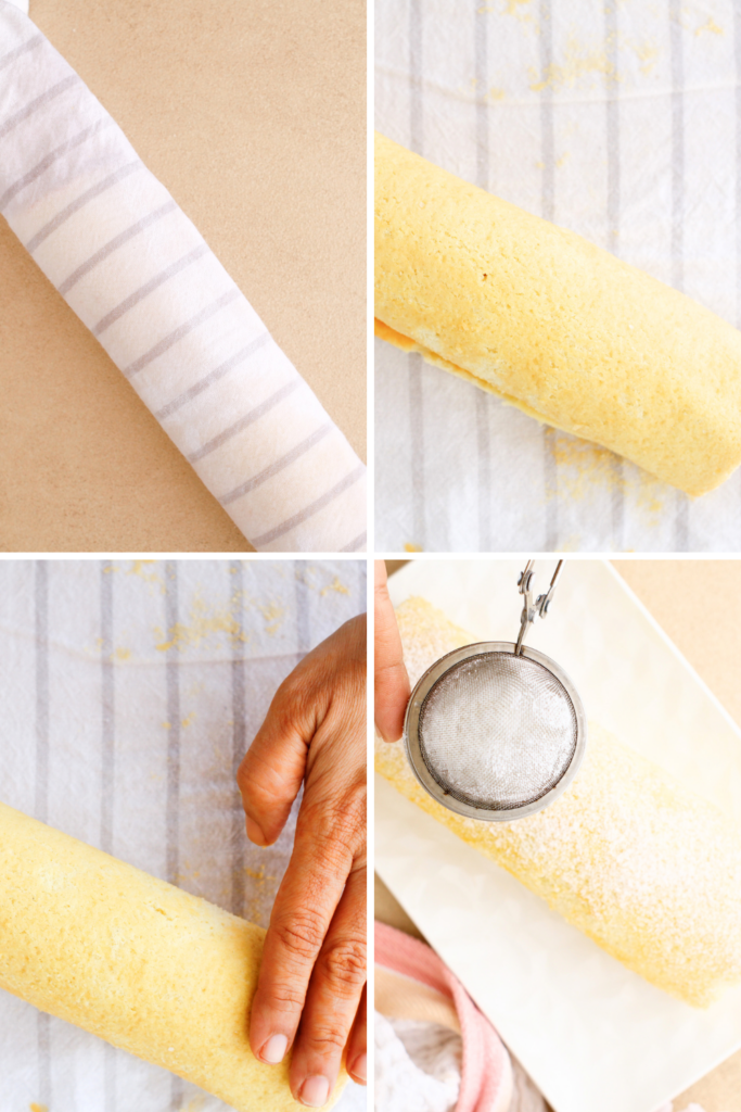 Steps for rolling Brazo Gitano (Swiss Roll), showing the sponge cake rolled in a tea towel, unrolled and filled, re-rolled with care, and dusted with powdered sugar for a perfect finish.