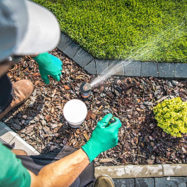 A person adjusting a sprinkler system in a landscaped garden, showcasing professional irrigation setup and maintenance.