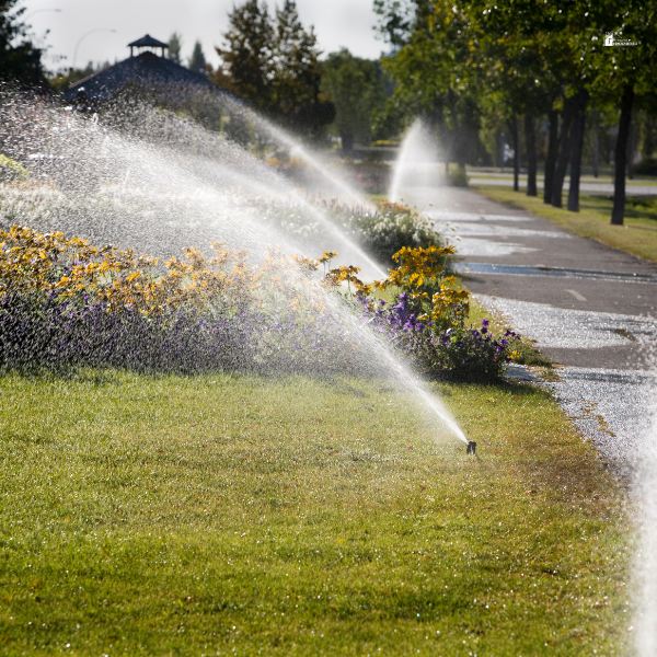 Multiple sprinklers watering a park lawn and flower beds, highlighting efficient irrigation for large outdoor spaces.