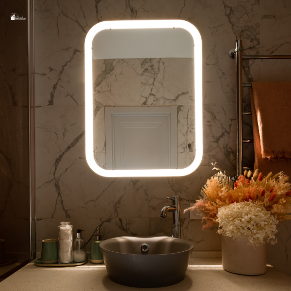 A stylish bathroom featuring a rectangular backlit vanity mirror with soft lighting and marble walls.