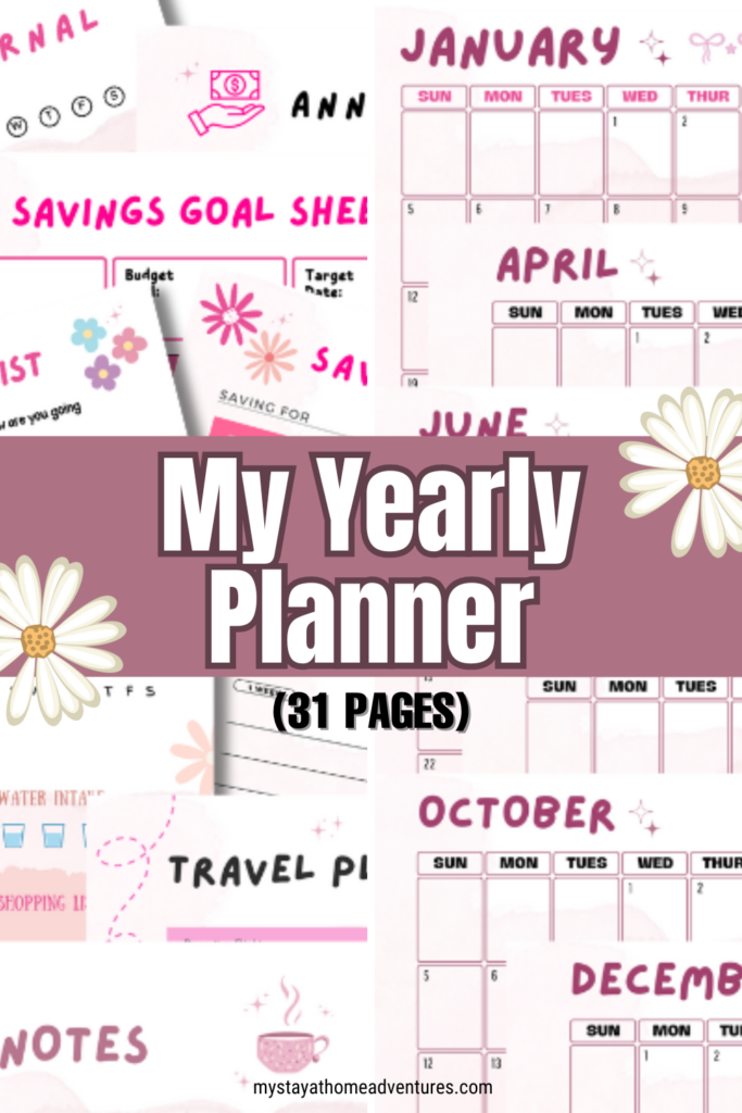 Pink-themed 31-page yearly planner featuring tools for saving goals, monthly layouts, travel planning, and notes to help organize schedules, track goals, and boost productivity.