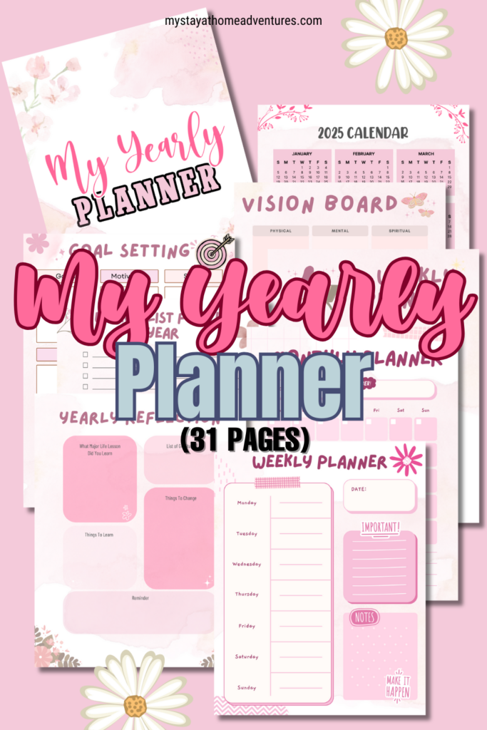 Pink-themed yearly planner with 31 pages, including sections for goal setting, vision board, weekly and monthly planning, yearly reflection, and more, designed to help with organization, productivity, and achieving personal goals.