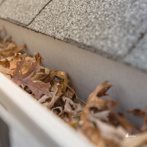 Close-up of a house gutter filled with dry leaves, highlighting the need for effective gutter cleaning solutions.