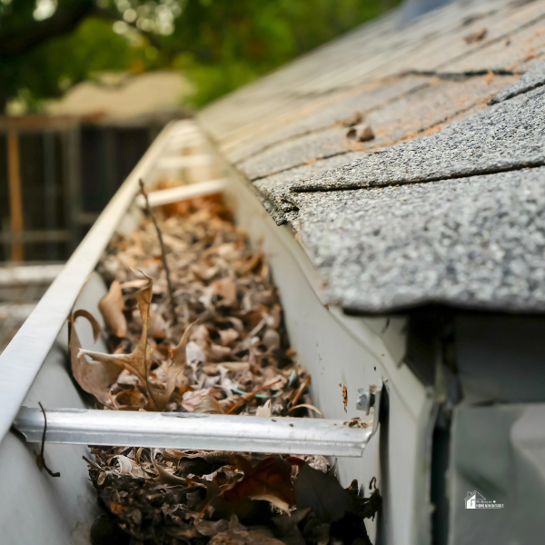 A view of a clogged gutter packed with leaves and debris, emphasizing maintenance challenges for homeowners.