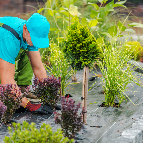 A landscaper carefully planting shrubs and trees in a garden, highlighting the expertise offered by a landscape design service.