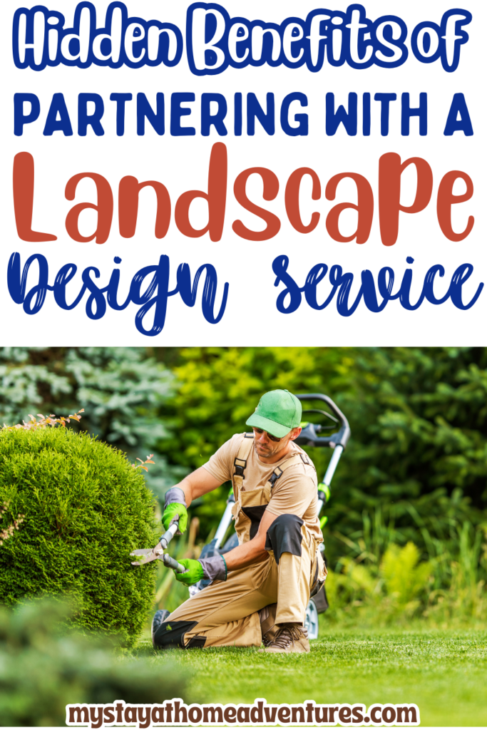 A professional landscaper trimming a bush in a lush garden, showcasing the benefits of partnering with a landscape design service for yard maintenance.