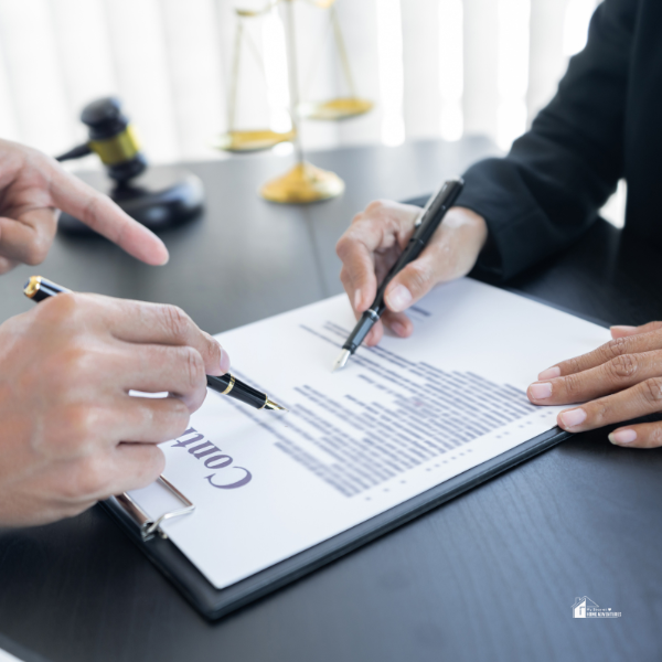 Two people discussing and signing a contract on a clipboard, with legal symbols like scales and a gavel in the background.