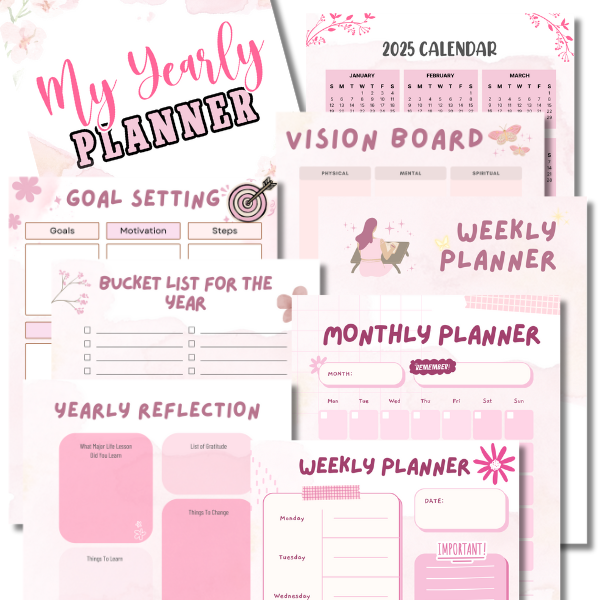 Pink-themed free printable yearly planner featuring sections for goal setting, a vision board, weekly and monthly layouts, a bucket list, and a yearly reflection to help stay organized and achieve goals.