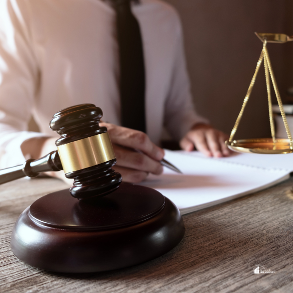 A lawyer writing notes at a desk with a gavel and scales of justice, symbolizing legal proceedings for premises liability cases.