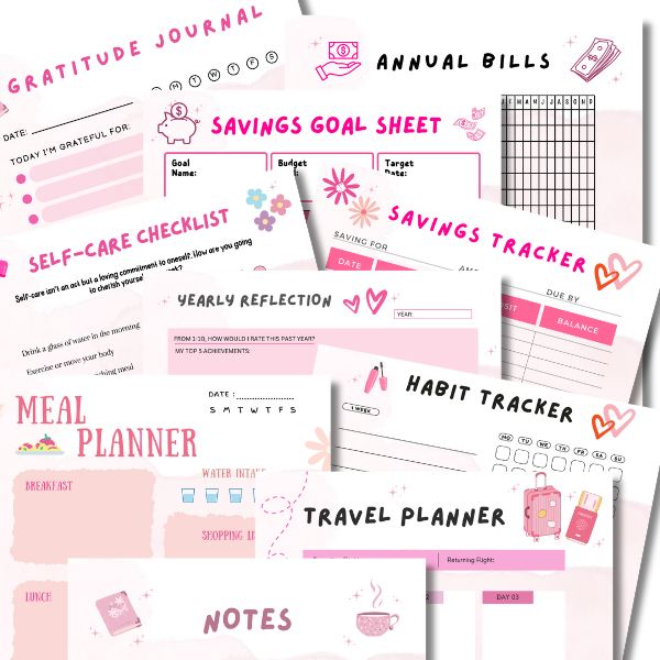 Pink-themed printable planner pages including a gratitude journal, self-care checklist, savings tracker, meal planner, habit tracker, travel planner, and yearly reflection to help with organization, goal-setting, and personal growth.