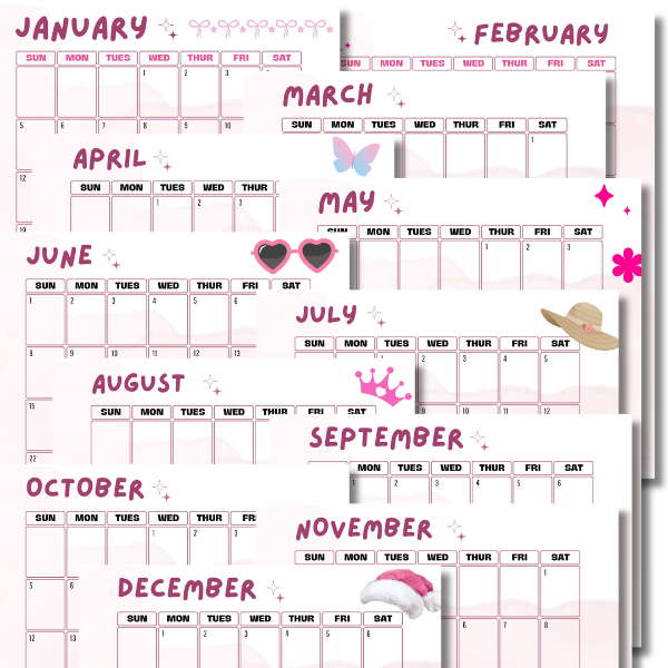 Pink-themed yearly calendar featuring monthly layouts from January to December, decorated with seasonal icons and designed for easy organization and goal tracking.