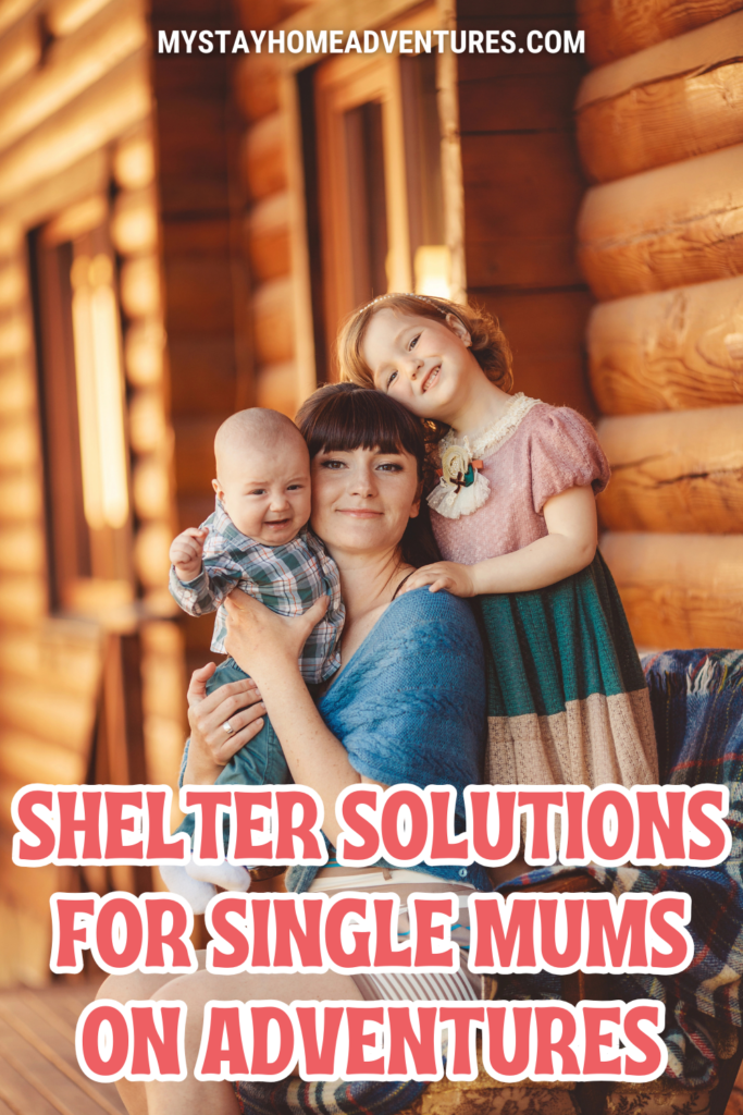 A single mother with a baby and a young child on the porch of a wooden cabin, showcasing family bonding and cozy shelter solutions.