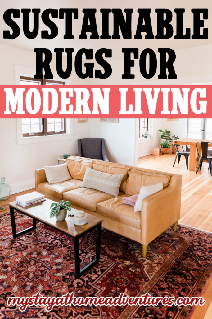 A cozy living room with a tan leather sofa, a dark wooden coffee table, and a vibrant patterned rug adding warmth to the space.