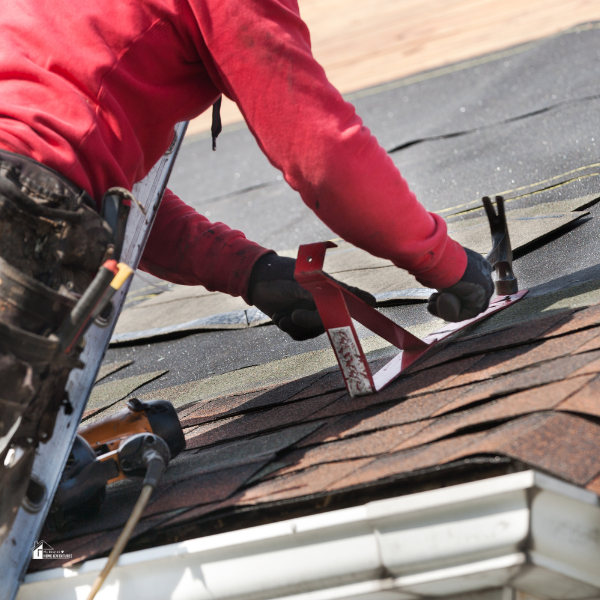 A worker in a red jacket installs or repairs asphalt shingles on a residential roof using specialized tools.