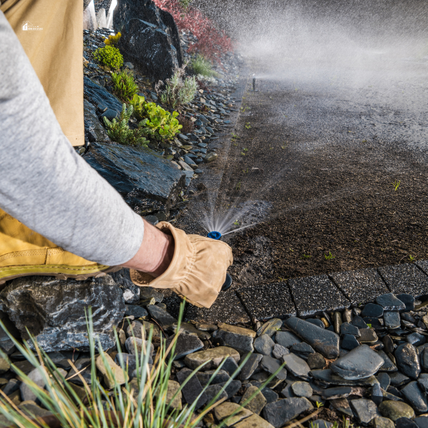 A worker adjusts a garden sprinkler head, making sure it sprays water efficiently over a landscaped area.