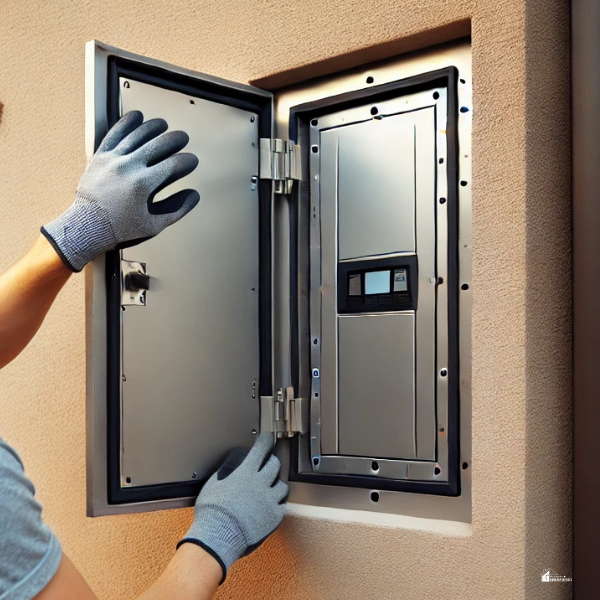 A person wearing gray gloves opens a heavy-duty metal access panel embedded in a textured wall, revealing an electrical control system inside.