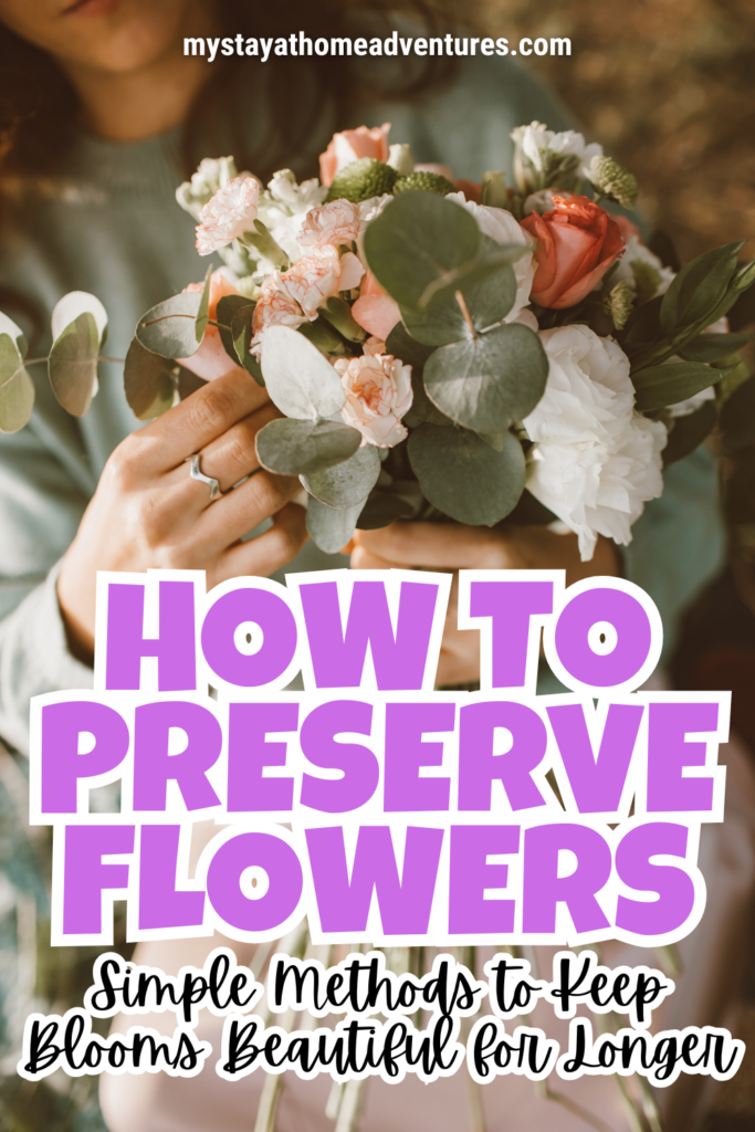 A person carefully arranging a bouquet of fresh flowers with roses, carnations, and eucalyptus leaves, highlighting the process of flower care and preservation.