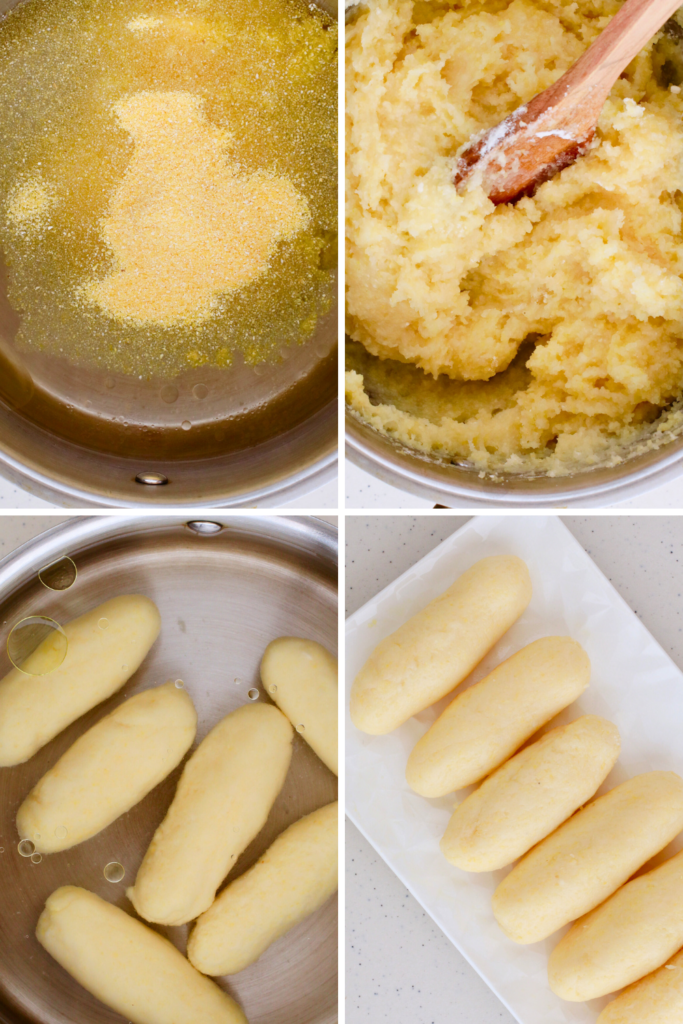 A step-by-step collage showing how to make Puerto Rican guanimes, including mixing cornmeal and flour, cooking the dough, shaping the dumplings, and boiling them until firm—an easy traditional Puerto Rican side dish perfect for pairing with stews and seafood.