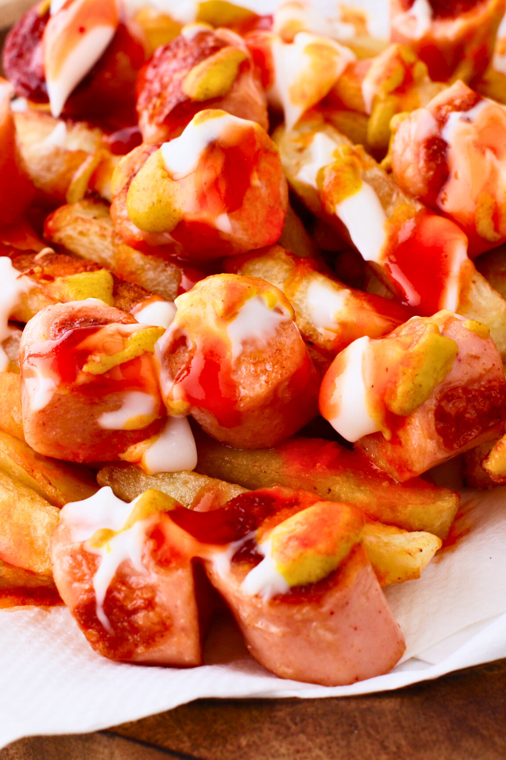 A close-up of Salchipapas, featuring golden fries and sliced hot dogs drizzled with ketchup, mayonnaise, and mustard, highlighting the vibrant and savory elements of this Peruvian street food.