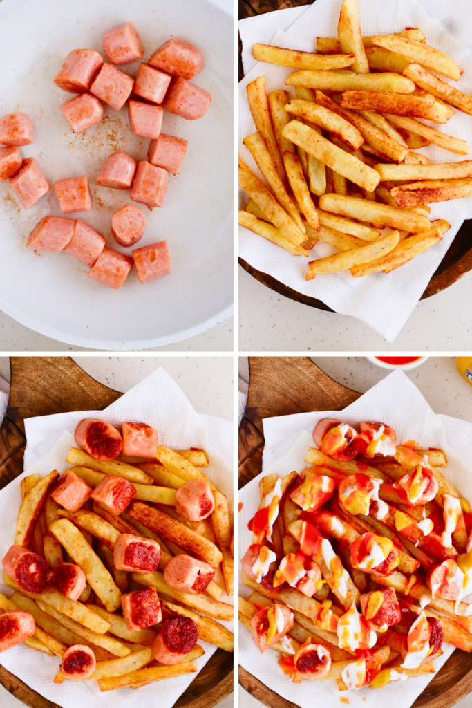 Step-by-step process of making Salchipapas, showing crispy fries, cooked hot dogs, and vibrant toppings like ketchup, mustard, and mayonnaise, highlighting this Peruvian street food recipe.