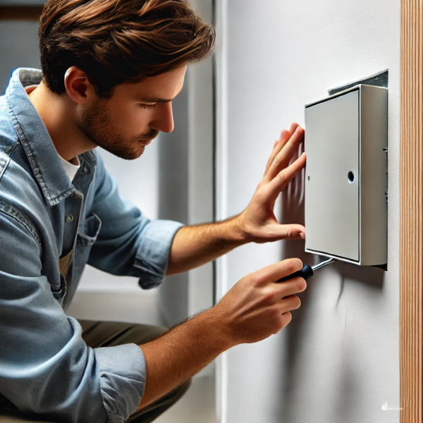 A man in a denim shirt uses a screwdriver to install a plastic access panel into a wall, ensuring a secure and flush fit.